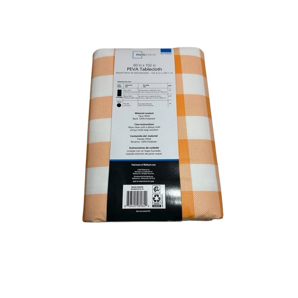 MAINSTAYS peva‎ tablecloth reusable 60X102 inches rectangle orange plaid